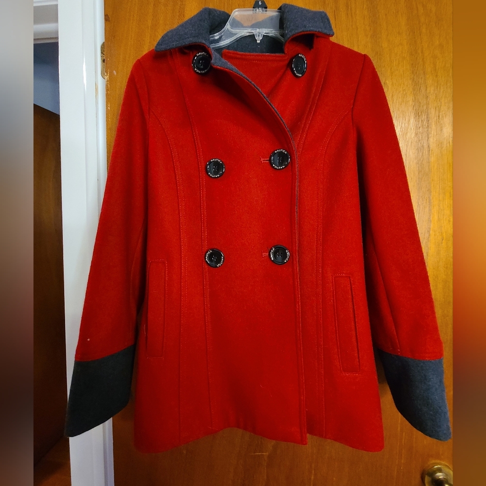Nautica Women's Vibrant Red Peacoat with Gray Trim XS